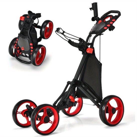 Golfkar – Golfwagen – Golftrolley – Golfbuggy – Golfkarretje – Lichtgewicht Polypropyleen Frame – Verstelbare Handgreep Met Voetrem – Rood/Zwart van Merkloos