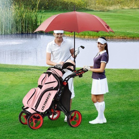Golfkar – Golfwagen – Golftrolley – Golfbuggy – Golfkarretje – Lichtgewicht Polypropyleen Frame – Verstelbare Handgreep Met Voetrem – Rood/Zwart