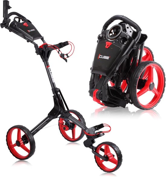 Golfkar met 3 wielen - Duwkar lichtgewicht - Golfbaan vervoer - In twee stappen open - 66 kg - Houtskool/Rood
