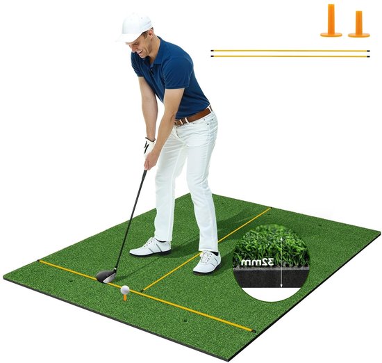 Golfmat – Golf Oefenmat – Putting mat – Trainingsmat – Teemat – 6 Tee-Plaatsen – Inclusief 2 Alignment Sticks – Realistisch Kunstgras – Duurzame EVA constructie – Groen – 152x117 cm van Merkloos