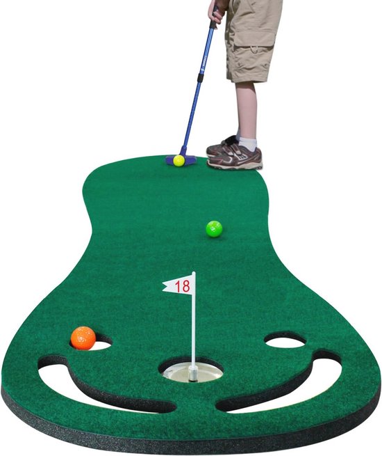 Golfmat voor binnen met 2 putters en 6 golfballen - ideale putting green voor thuis van Merkloos