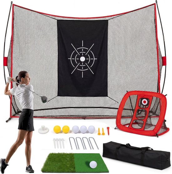 Golfnet 304×213×91cm Rood, Complete Set met IJzeren Buis en Polyester Net, Slagtrainingsnet voor Tuin, Binnen en Buiten