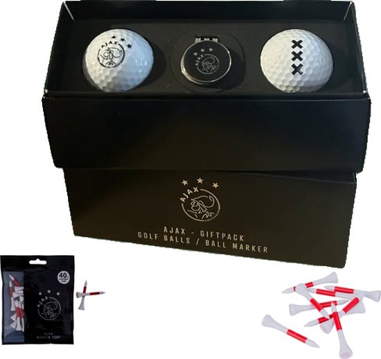 Golfpresentjes- combideal - Ajax Golfcadeau gifset - Ajax Golfballen en Golftees - 2 Ajax Golfballen-Cadeauset incl 1 ball marker-35 houten Ajaxtees met logo - Ajaxfan -golfballen + Ajax Golftees -Golfcadeau-Golfgadget-Golftees van $
