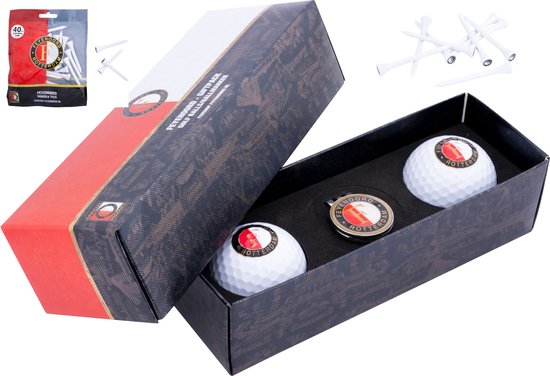Golfpresentjes- - Feyenoord Golfcadeau gifset - Feyenoord Golfballen en Golftees - 2 Feyenoord Golfballen-Cadeauset incl 1 ball marker-35 houten Feyenoord Tees met logo - Feyenoordfan -golfballen + Feyenoord Golftees -Golfcadeau-Golfgadget-Golftees van $