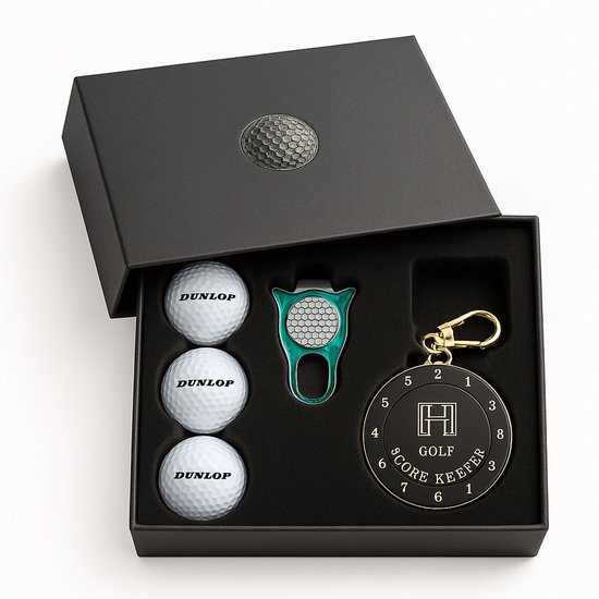 Golfpresentjes - Golf cadeau set scoreteller - Cadeau voor golfer- Incl GRATIS stijlvolle zwarte cadeaubox verpakking - luxe golf box - exclusief Golfcadeau- golfballen- Golf accessoires - Pitchfork - Golftellerl -Golf sport - Golf training - Cadeau van Merkloos