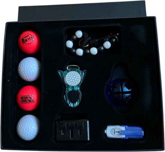 Golfpresentjes - Luxe Golf cadeau set met o.a. Kerst en oud en Happy New Year golfballen kralenteller, 4 golfballen tee, marker in luxe geschenkbox van Merkloos