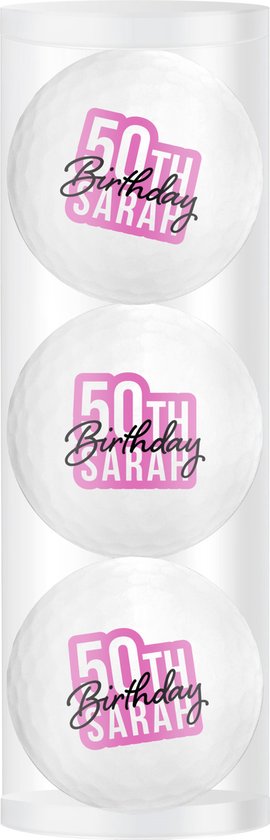 Golfpresentjes-Sarah 3 golfballen- Sarah 50 jaar Golfcadeau-Golfgadget- Golfprijs-Golfer-Golfaccessoires-Golfbal-golftees-golfcadeau van Golferswebshop