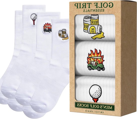 Golfsokken Heren - Crew Sokken - Golfuitjes - Grappige Ontwerpen - 3 Paar - Wit