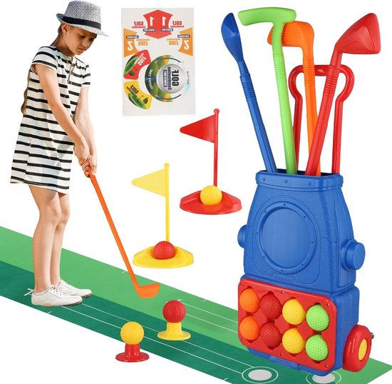 Golfspeelgoedset - golfset - 4 golfstokken - trolley - 8 ballen - putt-mat - buiten- en indoorsportspeelgoed - tuinspel - speelgoed - cadeaus voor kinderen - golf accessoires - golfcadeau - speelgoed voor buitenshuis