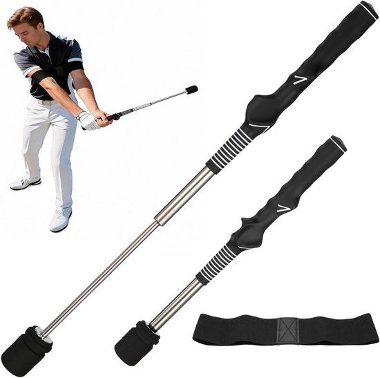 Golfswing trainingshulp met armband, intrekbare trainer, hoorbare klikfeedback, rechtshandige grip, voor warming-up oefeningen, indoor outdoor apparatuur