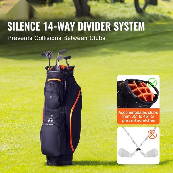 Golftas - Cartbag - 14-Vaks Topverdeler - 13 Zakken - 91 cm Hoog - Met Draaggrepen - Afneembare Schouderriem - Stofkap - Zwart/Oranje