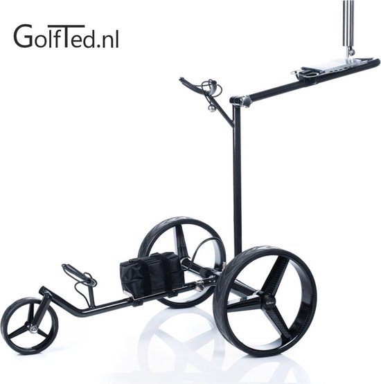 Golfted Elektrische Golftrolley - GolfTed GT-C CARBON - incl. parapluhouder, scorekaart houder, flessenhouder, RVS drinkfles zwart en draagtas van Golfted
