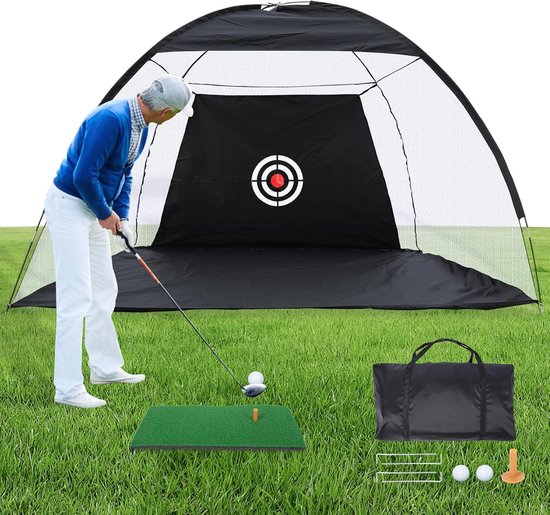 Golftrainingnet met slagmat voor binnen en buiten, draagbare tas, 10 ballen en 7 tees voor optimale training, 3 x 2,1 m