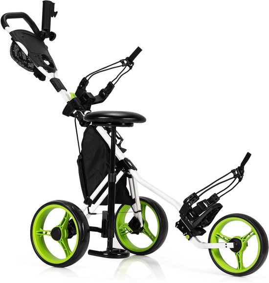 Golftrolley 3 wielen - Golfkar opvouwbaar - Golfen comfortabel - Met zitting bekerhouder - 130 x 75 cm - Groen