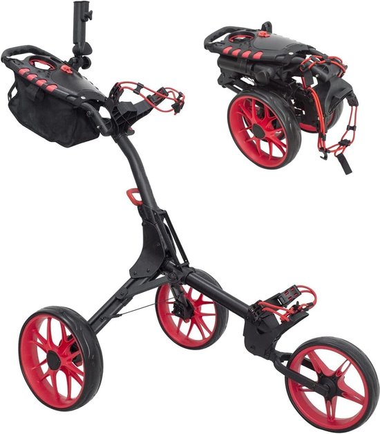 Golftrolley 3 wielen - Golfkar opvouwbaar - Golfen op de baan - Met voetrem en parapluhouder - 65 kg - Rood