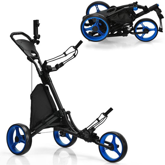 Golftrolley 3 Wielen – Inklapbaar – Voetrem – 3 Hoogtestanden – Met Paraplu- en Fleshouder – Blauw