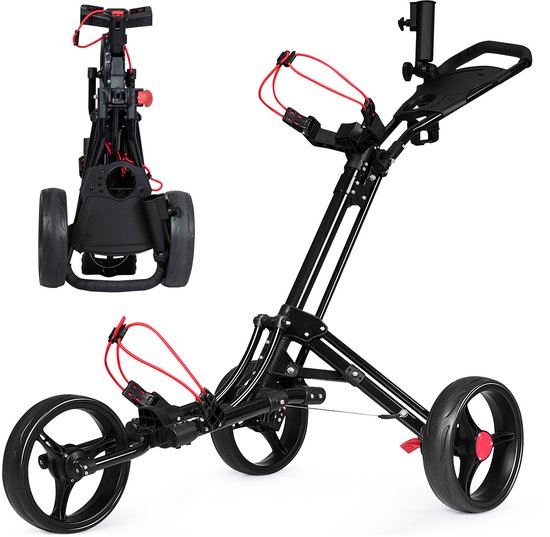 Golftrolley, golftrolley, 3 wielen, inklapbaar, golftrolleys, golfkart, van aluminium, met parapluhouder en T-houder, zwart van Tectake