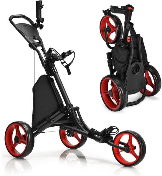Golftrolley – Golfwagen – Golf Caddy – Golf Pushcart – 3-wiel trolley – Verstelbaar Handvat – Voetrem – Inklapbaar – Parapluhouder – Bekerhouder – Zwart/Rood van Merkloos