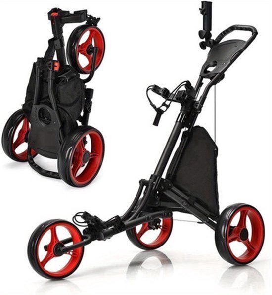 Golftrolley – Golfwagen – Golf Caddy – Golf Pushcart – 3-wiel trolley – Verstelbaar Handvat – Voetrem – Inklapbaar – Parapluhouder – Bekerhouder – Zwart/Rood