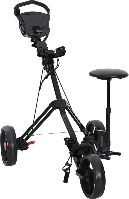 Golftrolley met zitting en voetrem, inklapbare golfwagen van ijzer, zwart, 95 x 69 x 114 cm