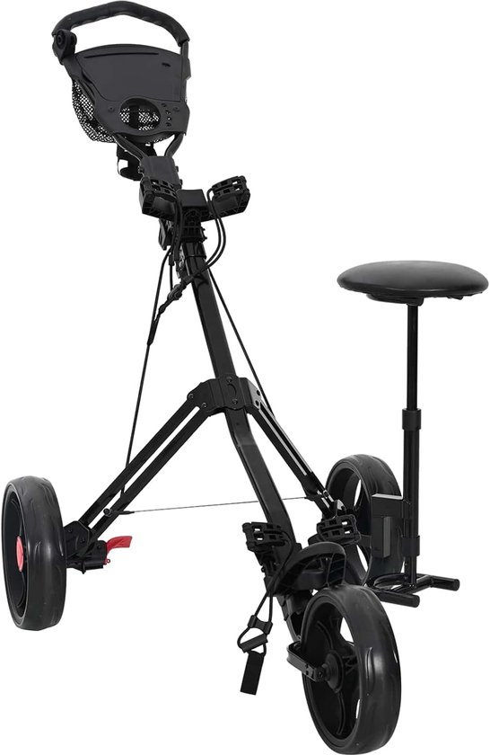 Golftrolley met zitting, inklapbaar, zwart, ijzeren frame, 95 x 69 x 114 cm, golftrolley met voetrem