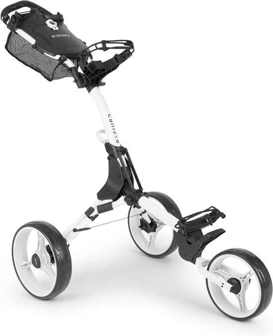 Golfwagen 3 wielen - Golftrolley opvouwbaar - Golfen met tas - Nette kubusvouwing - 53x51x34cm gevouwen - Wit