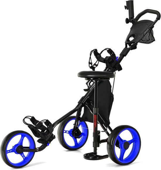 GOPLUS Golftrolley, golftrolley, 3 wielen met verstelbare handgreep, zitting en voetrem, opvouwbare golfwagen, met paraplu- en bekerhouder en waterdichte tas, golfcaddy golf push cart