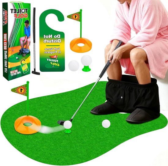 Grappige Toilet Golf Set voor Thuis, 6-delige Mini Golf Set met Putting Mat, Golfballen en Deurbordjes voor Mannen