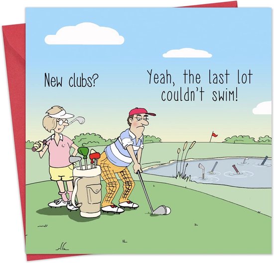 Grappige wenskaart met golfer en golfclubs - blanco kaart voor diverse gelegenheden