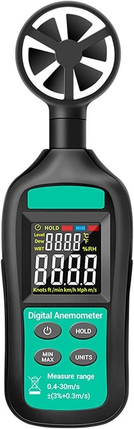 Handzame Anemometer - Windmeter Luchtstroommeter - Windsnelheid Meten - Hoge Precisie 3-in-1 - 0.4-30m/s - Grijs