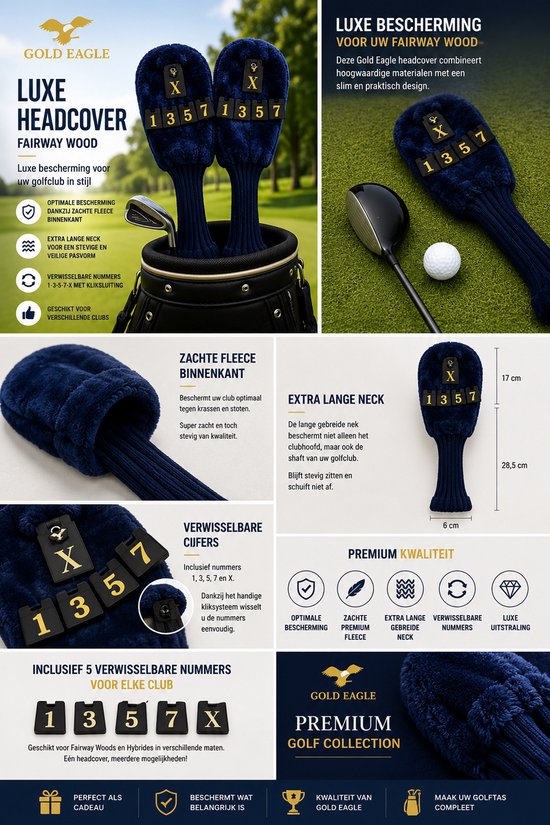Headcover driver – Golf- Fairway Wood Headcover 1 – 3 – 5 – 7 -x , Navy- Gold Eagle