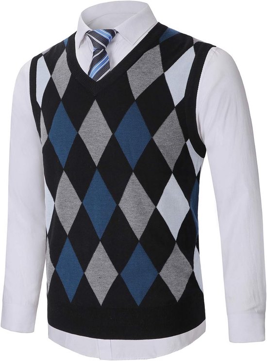 Heren Casual Gebreid Argyle Mouwloos Vest V-hals van Merkloos