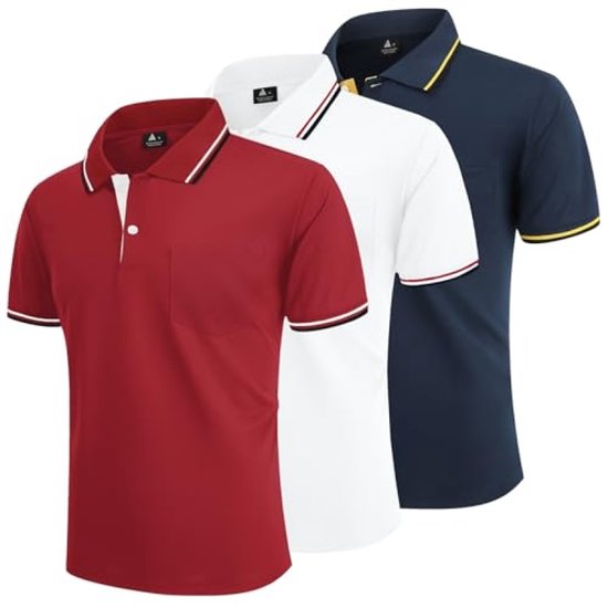 Herenpolo 3-Pack Korte Mouw - Snel drogend Poloshirt voor Golf, Tennis en Sport - Ademend Zomershirt - Rood/Marineblauw/Wit - L
