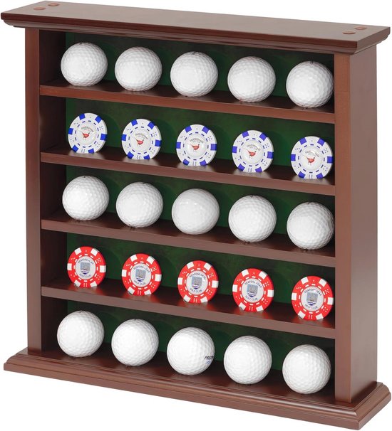 Houten Vitrine Rack voor 25 Golfballen met Groene Fluwelen Achtergrond van houten