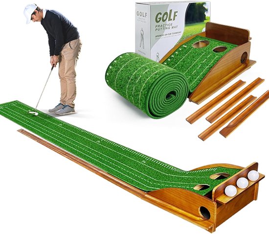 Indoor putting mat - houten golfmat - groen - verbeter je puttingvaardigheden thuis of op kantoor - ShopVlot