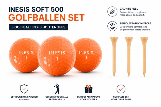 INESIS Soft 500 Golfballen Oranje – 3 Stuks + 3 Houten Golf Tees – Golf Set