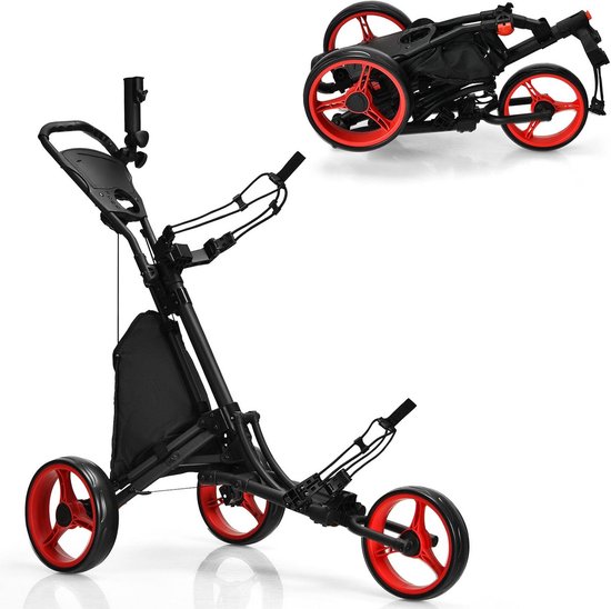 Inklapbare Golf Trolley met 3 Wielen en Voetrem - Verstelbare Handgreep en Accessoires