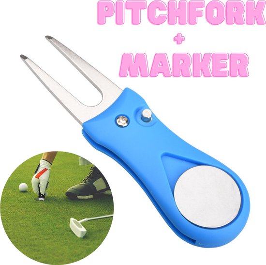Inklapbare Pitchfork + Balmarker - Blauw - Reparatie Green - Golfaccesoires - Golfbalmarker - Golfbal marker - Pitchfork golf - Golf marker - Golf Pitchfork