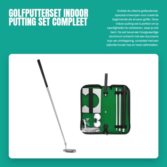 Inovra- Golfputterset Aluminium Schacht - Golfballen - Houten Tas - PVC-Hoes - Oefenballen - Afneembaar en Draagbaar - Golfset