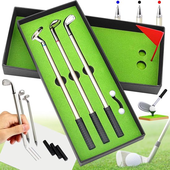 Inovra Plus - Golf Pen Set voor Vaderdag en Kerstcadeaus - Mini Golf voor Thuis - Golf Club Pen Set voor Vader - Balpen en Vlag Set