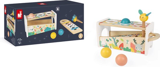 Janod Pure - Tap Tap Xylofoon - Behendigheidsspel - 2 Spelletjes In 1: Een Bijenhamer Om Op De 3 Vallende Ballen Te Slaan En Een Uitneembare Xylofoon Om Overal Te Kunnen Spelen! - Geschikt Vanaf 1 Jaar van Janod