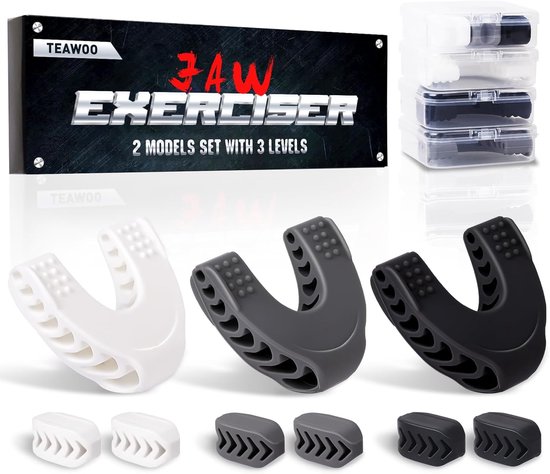 Kaak Trainer Set - Gezichtsspier Trainer - Gezichtsspieren Trainen - 3 Weerstandsniveaus - 2 Modellen - Wit Grijs Zwart