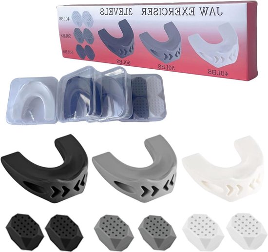 Kaaksporter Set - Gezichtsspier Trainer - Kaaklijn Trainen - 3 Weerstandsniveaus - 9 Stuks - Zwart Grijs Wit