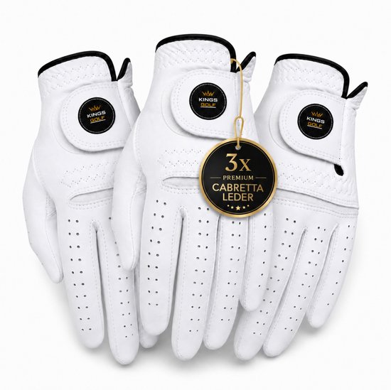 KingsGolf Golfhandschoenen Heren M - Set van 3 Linkerhandschoenen voor Rechtshandige Golfers - Echt Lederen Golfhandschoen met Klittenbandsluiting - Wit