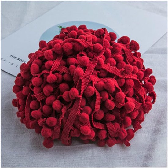 Kleurrijke pompons, kwastjes, boord, kanten lint met 1,2 cm pomponboord, pomponband, kwast, trim band voor knutselen, naaien, kleding, thuis, decoratie, donkerrood, 10 yard