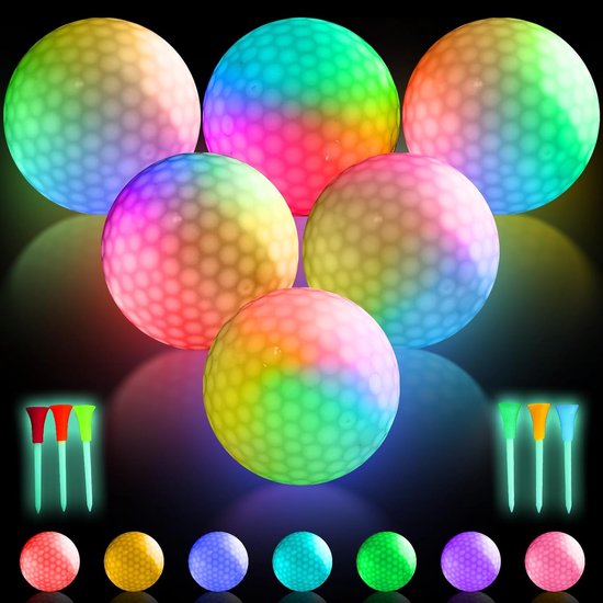 Led-golfballen, 6x Lichtgevende Golfballen met 7 Kleuren, Nachtgolfbal met Thee, Lichtdonker, Lichtgolfballen voor Nacht training en Langeafstandsschieten