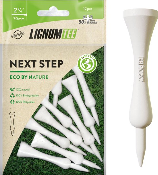 Lignum tee 70mm - 12 stuks - Wit - Microwood - Next Step Eco Golftee - Golf Tee - Anti-Spin - Extra Groot Kop - Eco - Golf tees - Golf accesoires - Golfset - Golftees - Golftee - Golfaccesoires