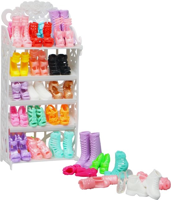 Lynn’s accessoires voor modepop - Schoenenrek met 10 paar schoenen - Geschikt voor Barbie pop - In Cadeauzakje van Lynn's accessoires