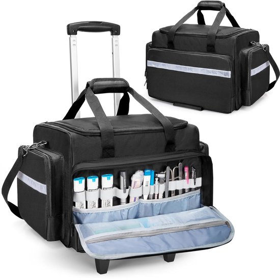 Medische tas met afneembare trolley, rollende medische tas op wielen, grote EHBO-kit leeg met verwijderbare verdelers voor thuisgezondheidsverpleegkundigen, artsen, EMT, EMS, zwart