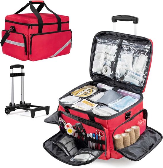 Medische tas met wielen met afneembare trolley, roltas voor verpleegkundigen met afneembare scheidingswanden, lege EHBO-tas voor artsen, EMS-professionals, rood